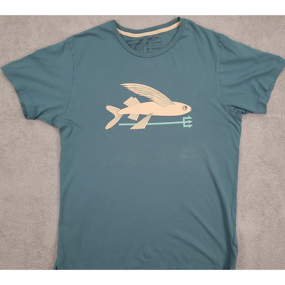 Patagonia Mens Flying Fish Trident Graphic T-Shirt Teal Blue Slim Fit Medium